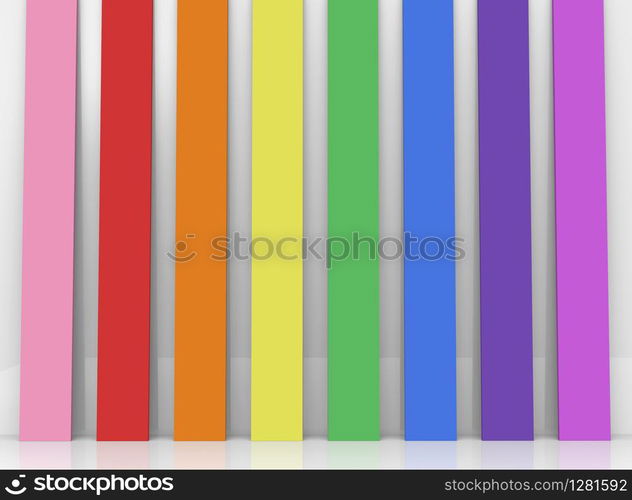 3d rendering. lgbtq rainbow color vertical panels decoring on gray background.