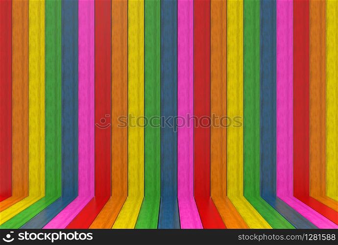 3d rendering. lgbtq rainbow color wood panels wall and floor background.