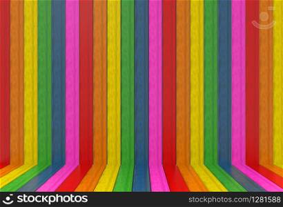 3d rendering. lgbtq rainbow color wood panels wall and floor background.