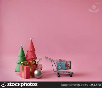 3D rendering little gift box and metallic golden bow-ribbon,pink background,balls, ,reindeer,christmas,shopping cart,shopping concept