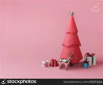 3D rendering little gift box and metallic pink golden bow-ribbon concept pink background,balls, ,reindeer,christmas