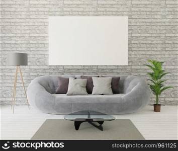 3d rendering loft living room with gray sofa ,lamp, tree, brick wall,carpet,anf frame for mock up