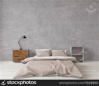3D rendering Loft style bedroom with raw concrete ,wooden floor,big window ,empty wall for copy space
