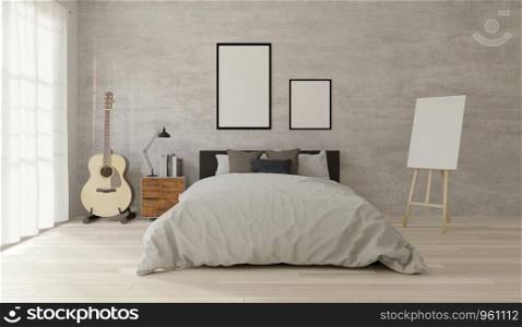 3D rendering Loft style bedroom with raw concrete ,wooden floor,big window,guitar, frame for mock up