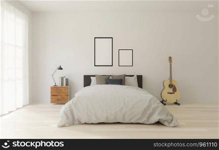 3D rendering Loft style bedroom with white wall ,wooden floor,big window,guitar, frame for mock up