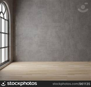 3D rendering Loft style empty room with raw concrete ,wooden floor,big window