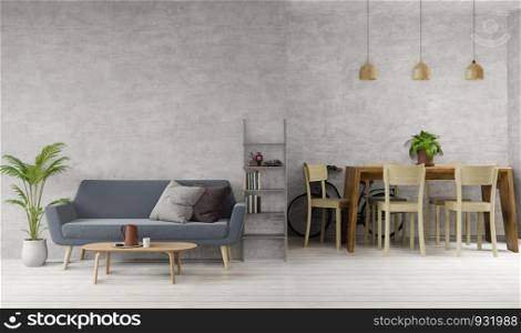3D rendering Loft style living room and dining room with raw concrete ,wooden floor,sofa,dining desk, lamps,image for copy space or mock up