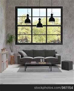 3D rendering loft style living room, raw concrete, dark gray couch, black lamp, wooden floor
