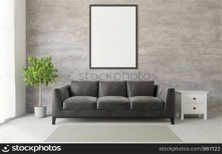 3D rendering Loft style living room with big black sofa raw concrete ,wooden floor,big window,tree,frame,mock up