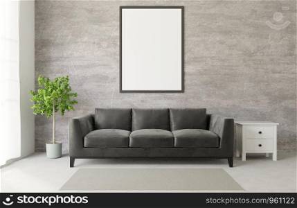 3D rendering Loft style living room with big black sofa raw concrete ,wooden floor,big window,tree,frame,mock up