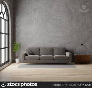 3D rendering Loft style living room with brown sofa raw concrete ,wooden floor,big window,tree