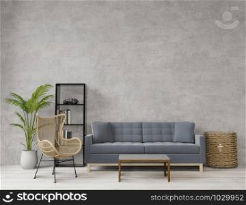 3D rendering Loft style living room with raw concrete ,wooden floor,big window empty wall for copy space