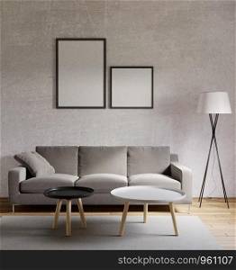 3D rendering Loft style living room with raw concrete ,wooden floor,big window