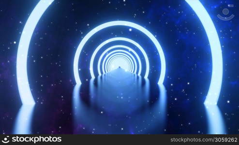 3D rendering. Loop motion of glowing neon ring and on dark galaxy star background. Neon light abstract background. Circles laser show fashion. virtual reality outer space with way star space panorama