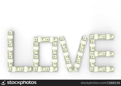 3d rendering. love letter word which sorted by us dollars stack on copy space white background.