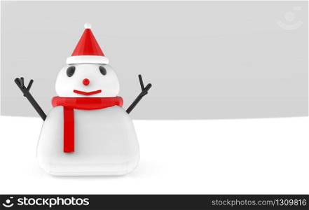3d rendering. Lovely White fat Christmas snow man design on gray background.