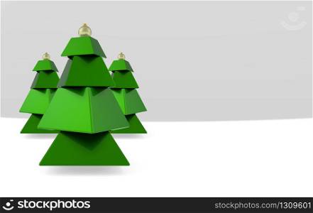 3d rendering. Low polygon style cube box in green Christmas tree on gray background.