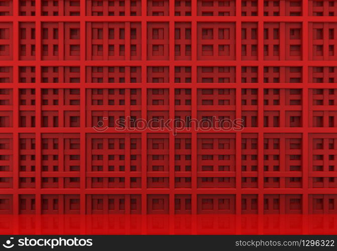 3d rendering. Luxurious red bars in square pattern shape wall background.