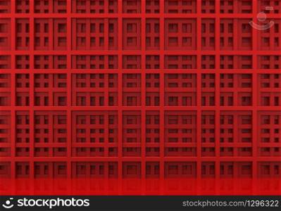 3d rendering. Luxurious red bars in square pattern shape wall background.