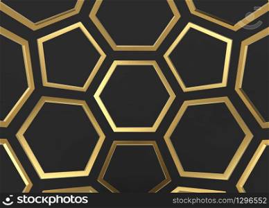 3d rendering. Luxury golden hexagonal and pentagonal shape on dark wall background.