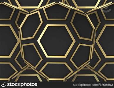3d rendering. Luxury golden hexagonal and pentagonal shape on dark wall background.