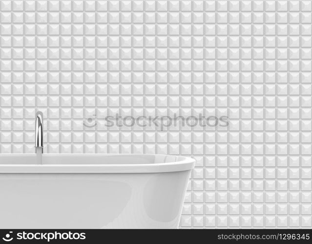 3d rendering. Luxury white bath tub with Milk from metal faucet and copy space ceramic square pattern tiles as background.