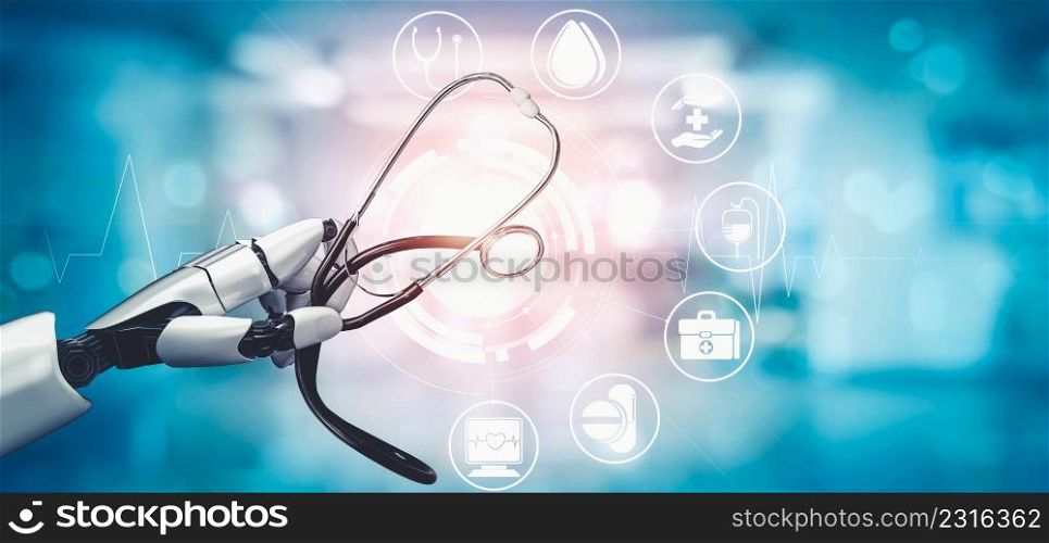 3D rendering medical artificial intelligence droid robot working in future hospital. Futuristic prosthetic healthcare for patient and biomedical technology concept.. Medical artificial intelligence droid robot working in future hospital