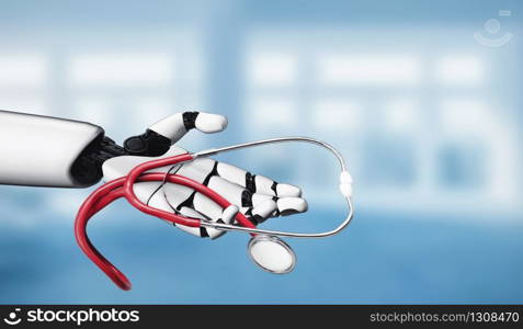 3D rendering medical artificial intelligence robot working in future hospital. Futuristic prosthetic healthcare for patient and biomedical technology concept.