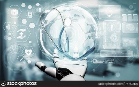 3D rendering medical artificial intelligence robot working in future hospital. Futuristic prosthetic healthcare for patient and biomedical technology concept.. 3D rendering medical artificial intelligence robot