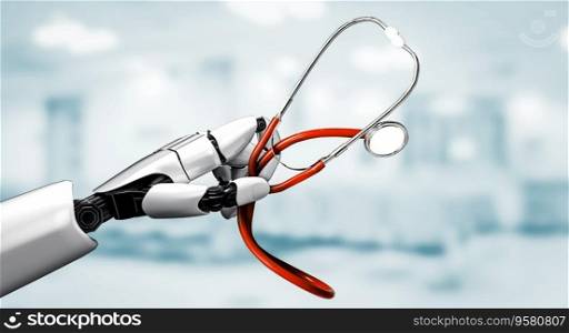 3D rendering medical artificial intelligence robot working in future hospital. Futuristic prosthetic healthcare for patient and biomedical technology concept.. 3D rendering medical artificial intelligence robot