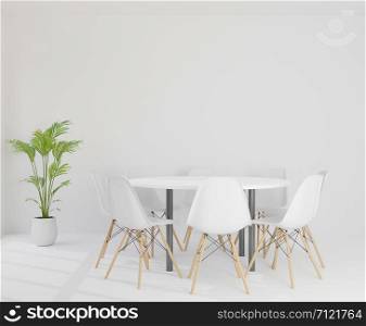 3D rendering meeting room with chairs , round plastic table, white room, and tree
