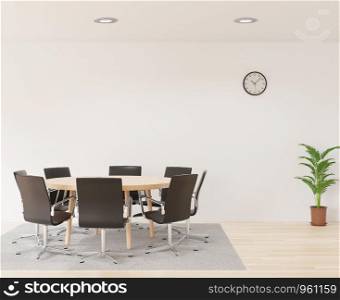 3D rendering meeting room with chairs , round wooden table, white room, carpet and little tree