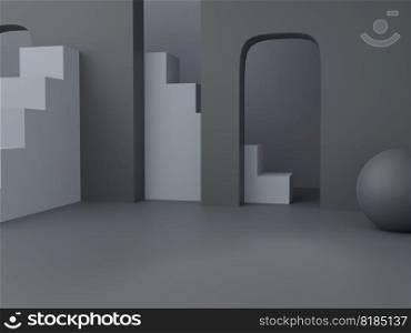 3D Rendering Men’s Black, Gray and White Theme Studio Shot Product Display Background with Abstract Platforms and Stairs for Grooming, Toiletry, Skincare and Healthcare Products.
