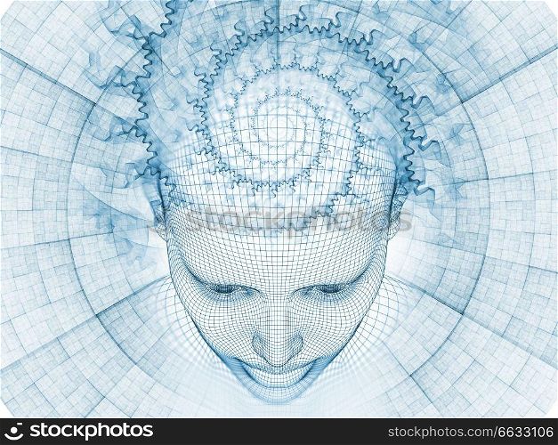3D Rendering - Mind Field series. Artistic abstraction composed of head of wire mesh human model and fractal patters on the subject of artificial intelligence, science and technology