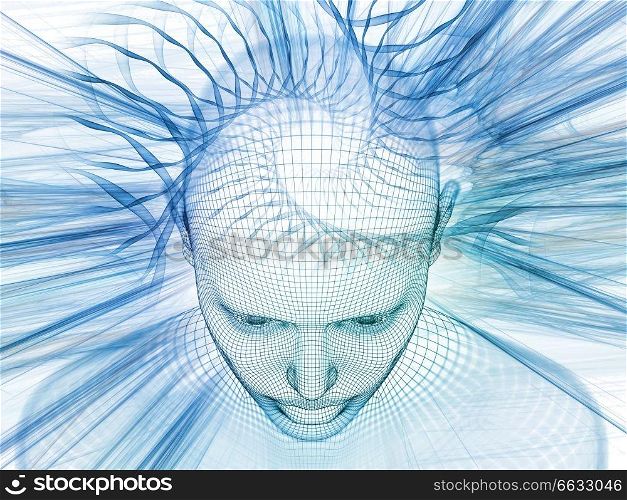 3D Rendering - Mind Field series. Backdrop design of head of wire mesh human model and fractal patters for works on artificial intelligence, science and technology