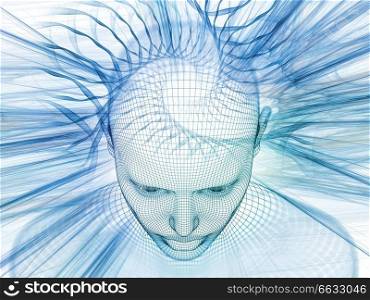 3D Rendering - Mind Field series. Backdrop design of head of wire mesh human model and fractal patters for works on artificial intelligence, science and technology