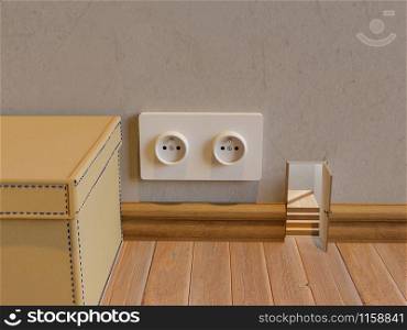 3D rendering. Miniature door with Power plug on the wall in living room, create idea of art and home interior decoration design concept.