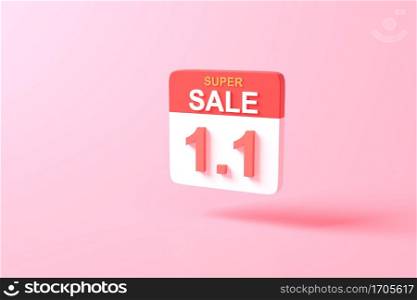 3d rendering minimal Calendar icon symbol. minimal cartoon cute style design. App Day month year concept. on pastel pink or red background, illustration. Sale Happy new year simple. Super sale 1.1.