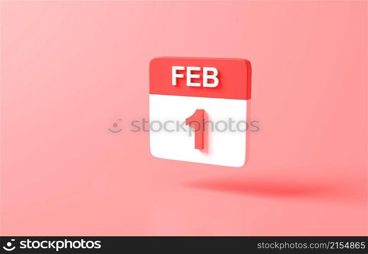 3d rendering minimal Calendar icon symbol. minimal cartoon cute style design. App Day month year concept. on pastel pink or red background, illustration. education and learning simple. February 1