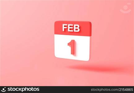 3d rendering minimal Calendar icon symbol. minimal cartoon cute style design. App Day month year concept. on pastel pink or red background, illustration. education and learning simple. February 1