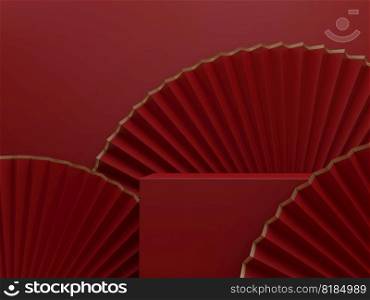 3D Rendering Minimal Chinese, Korean or Japanese Style Paper Fan Studio Shot Product Display Background for Beauty or Festive Food and Beverage Products.