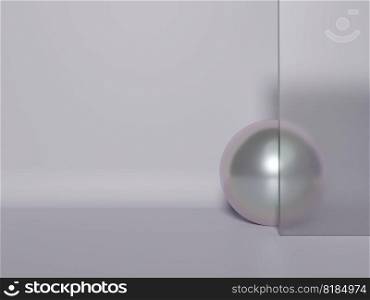 3D Rendering Minimal Geometric Product Display Background with Pearl Sphere and Semi transparent Acrylic. Lavender Color.
