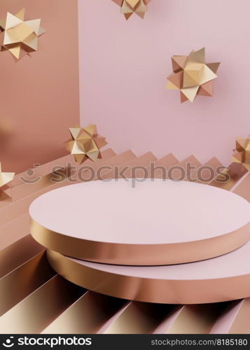 3D Rendering Minimal Geometric Product Display Background with Platform. Pink, white and Gold.  