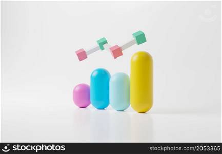 3d rendering minimal Growth or increase concept. Success up achievement business motivation. Infographic graph colorful pastel cylinders on white background, modern minimal target planning analytics.