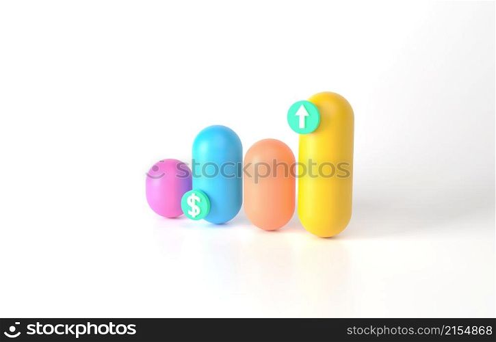 3d rendering minimal Growth or increase concept. Success up achievement or goal business motivation. Infographic graph colorful pastel cylinders on white background, modern minimal target planning.