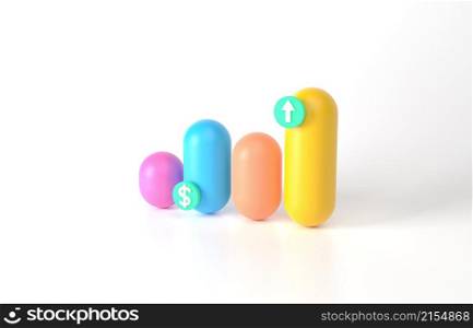 3d rendering minimal Growth or increase concept. Success up achievement or goal business motivation. Infographic graph colorful pastel cylinders on white background, modern minimal target planning.