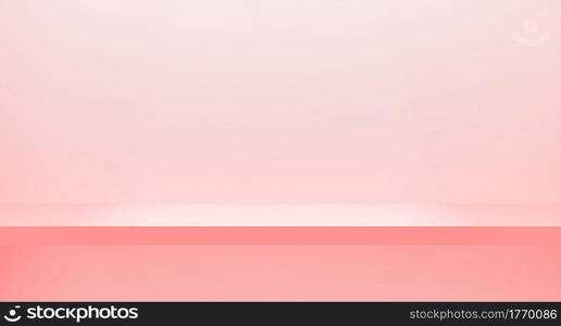 3d rendering Minimal modern style Pink shop shelf on wall. interior for product. Horizontal empty pink pastel cargo. Blank minimal concept background. Space for text. Product presentation Studio room