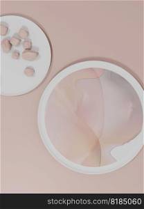 3D Rendering Minimal Round Plates with Water Color Drawing Effect Product Display Background for Beauty, Healthcare, Skincare, Food and Beverage Products. White and Pink.