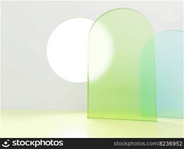 3D Rendering Minimal Studio Shot Pastel Color Transparent Acrylic Board and Round Window with Sunlight Product Display Background for Fashion, Cosmetics and Trendy Products.  