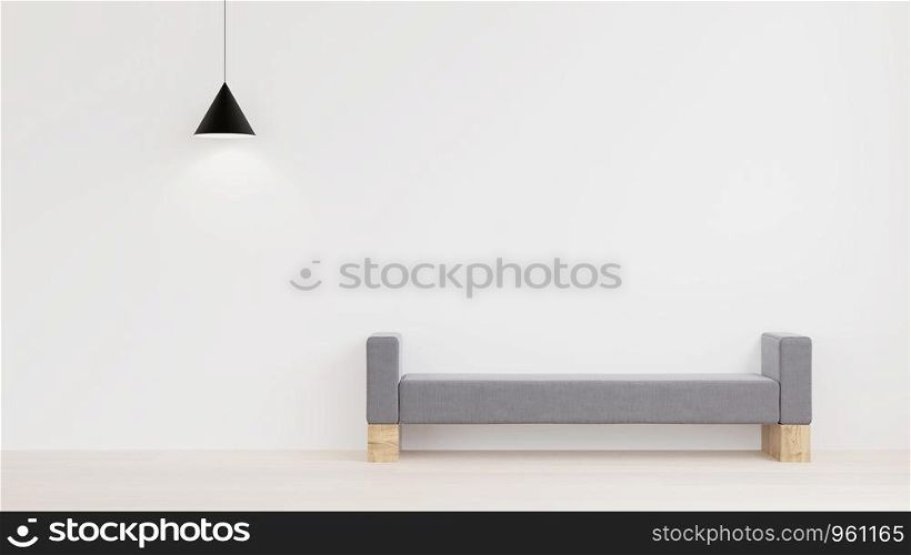 3d rendering minimal style interior design ,white wall,fabric and wooden couch,Laminate floor and black lamp